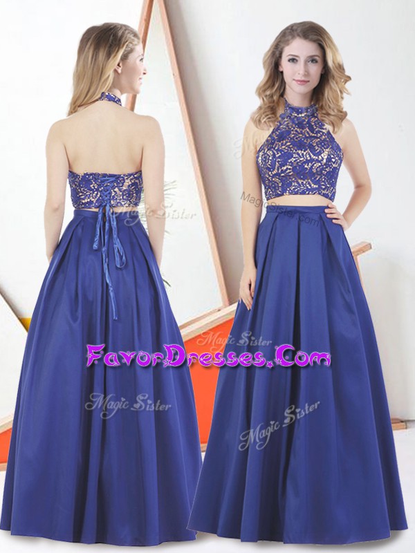 Best Selling Royal Blue Lace Up Prom Gown Lace Sleeveless Floor Length