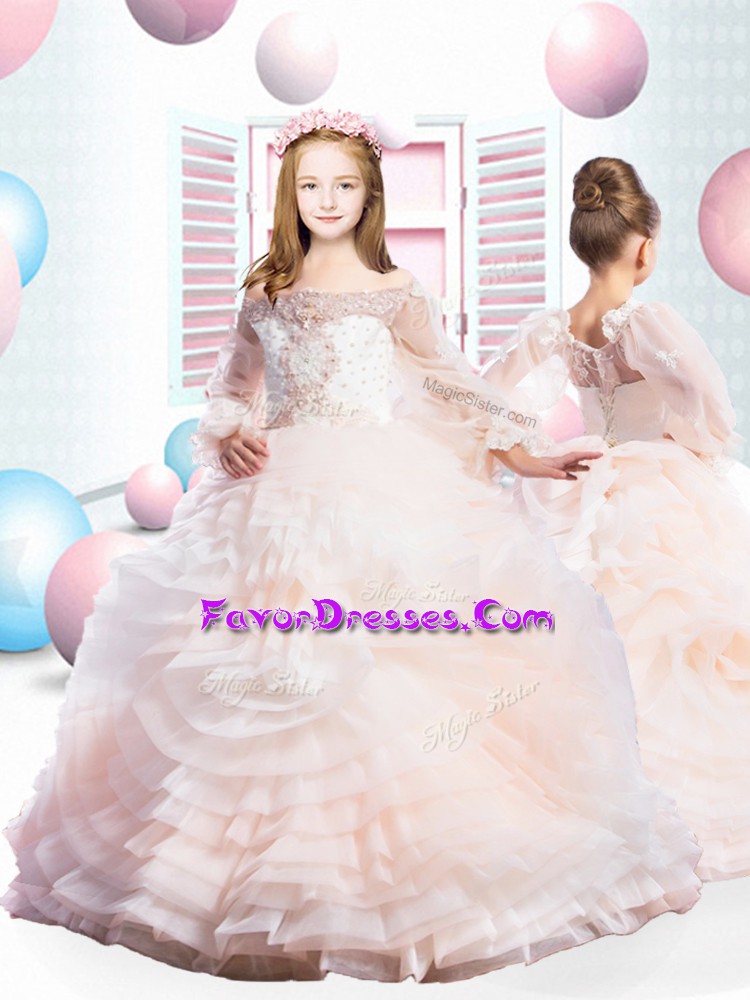  Off The Shoulder Long Sleeves Fabric With Rolling Flowers Pageant Gowns For Girls Beading Clasp Handle