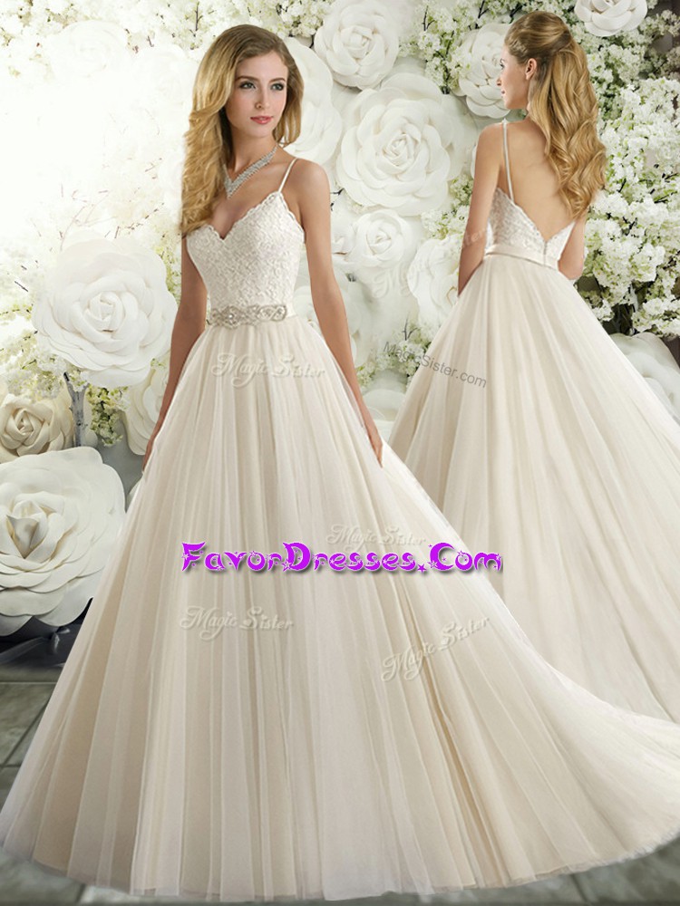 Eye-catching White A-line Beading and Lace Wedding Gowns Zipper Tulle Sleeveless