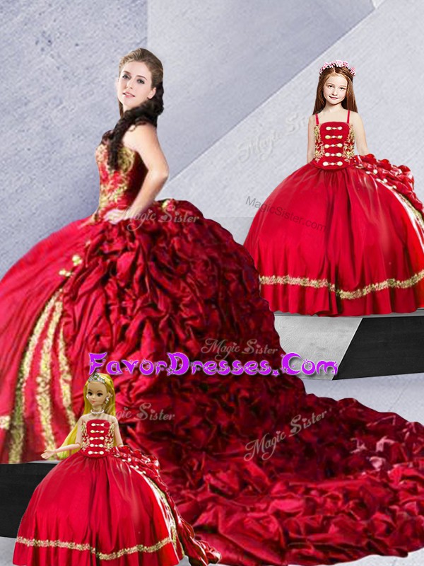 High Quality Taffeta Sleeveless Quinceanera Gowns Court Train and Embroidery and Pick Ups