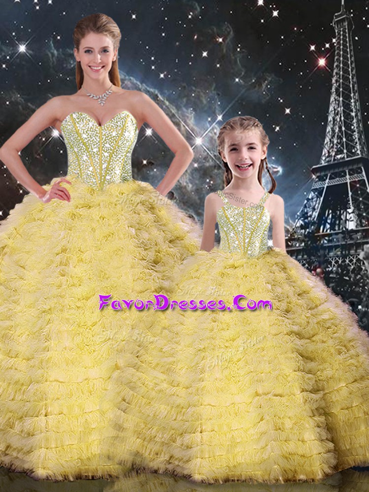  Sleeveless Tulle Floor Length Lace Up Quinceanera Dress in Yellow with Beading and Ruffles
