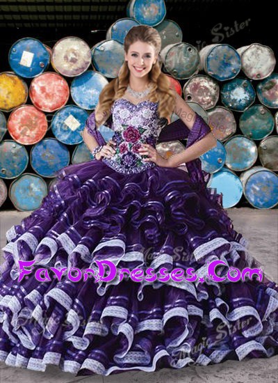 Fine Floor Length Purple 15 Quinceanera Dress Organza Sleeveless Appliques and Ruffles and Ruffled Layers