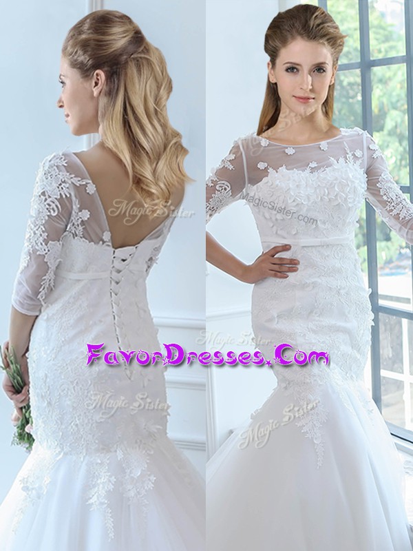  White Mermaid Scoop Half Sleeves Tulle Brush Train Lace Up Lace Wedding Dresses