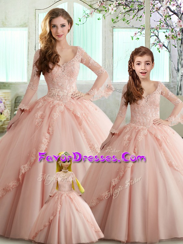 Best Selling Peach Ball Gowns Off The Shoulder Sleeveless Tulle Floor Length Lace Up Lace Sweet 16 Dress