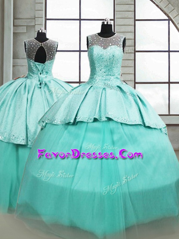  Turquoise Sleeveless Brush Train Beading Sweet 16 Quinceanera Dress