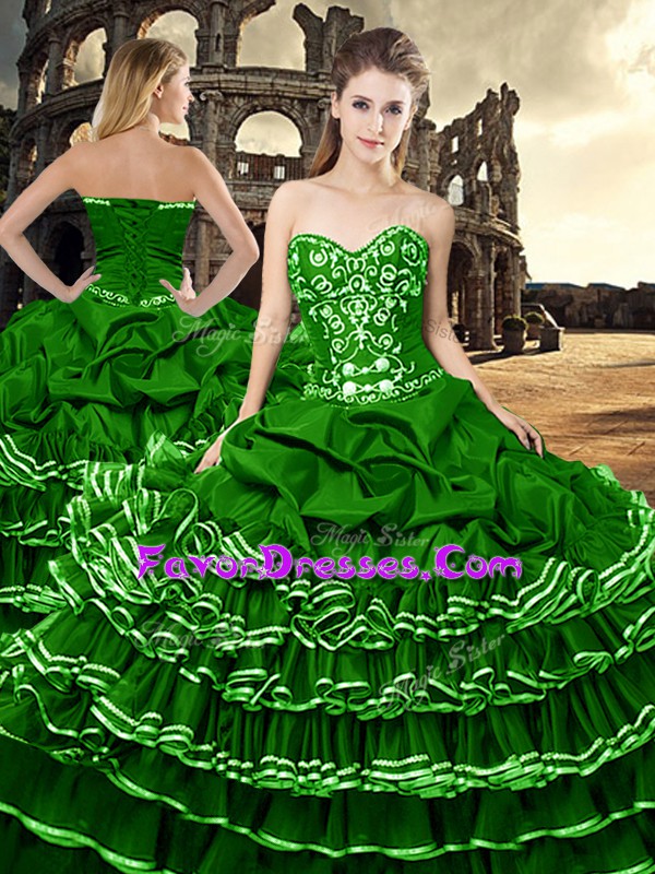 Sophisticated Green Sleeveless Ruffled Layers and Pick Ups Floor Length Ball Gown Prom Dress