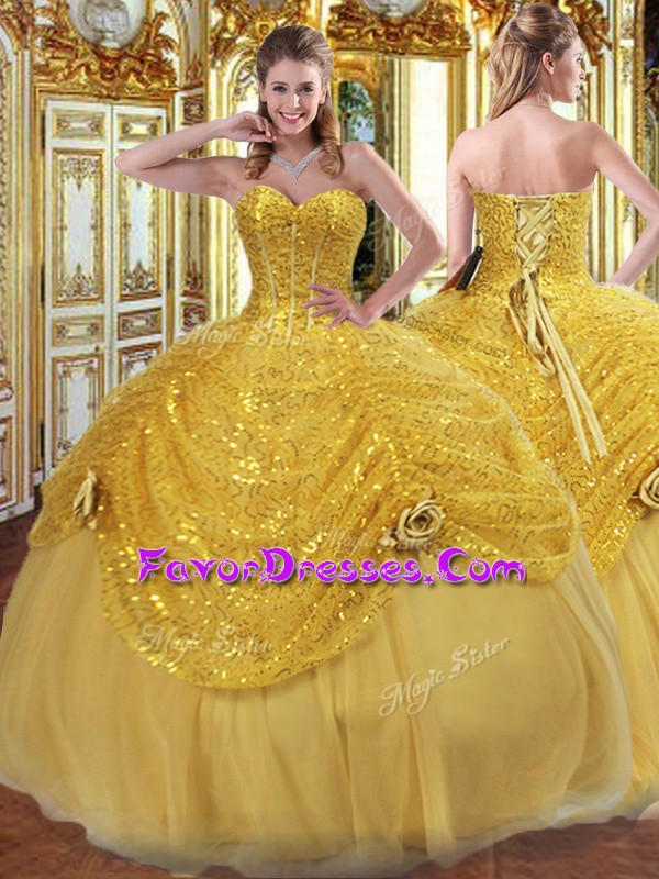 Nice Gold Tulle Lace Up Quinceanera Dress Sleeveless Floor Length Pick Ups and Hand Made Flower