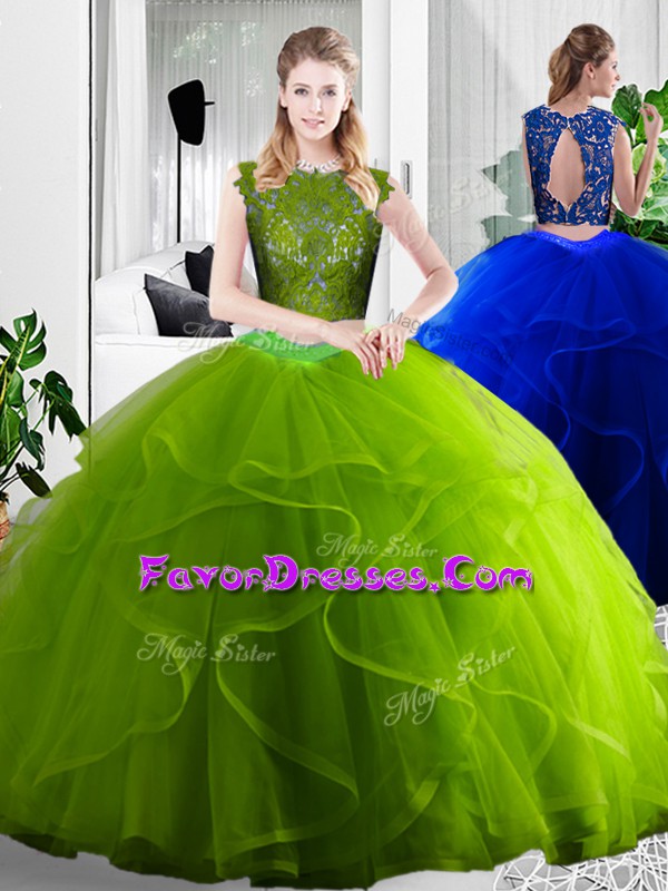  Tulle Scoop Sleeveless Zipper Lace and Ruffles Quinceanera Dresses in Olive Green
