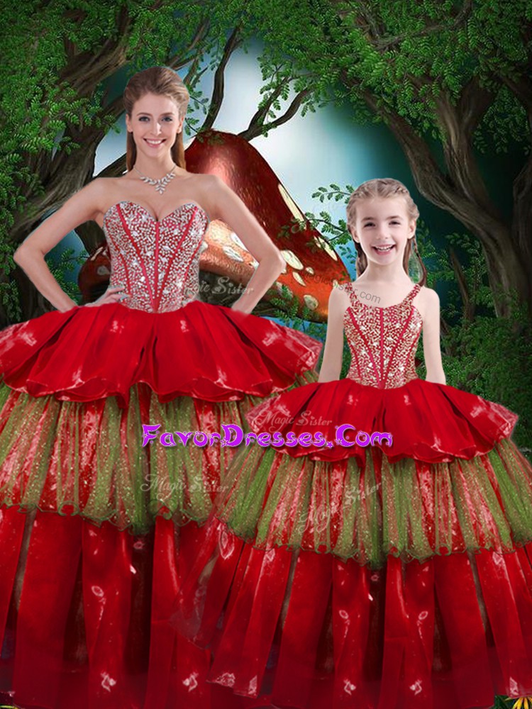 Luxury Organza Sweetheart Sleeveless Lace Up Beading and Ruffled Layers Quince Ball Gowns in Wine Red