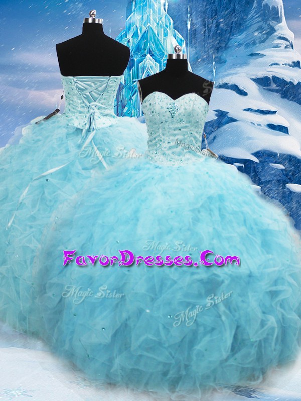 Custom Fit Aqua Blue Ball Gowns Sweetheart Sleeveless Tulle Floor Length Lace Up Beading and Pick Ups 15 Quinceanera Dress