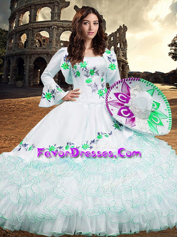 Unique White Long Sleeves Embroidery and Ruffled Layers Floor Length Quinceanera Dresses