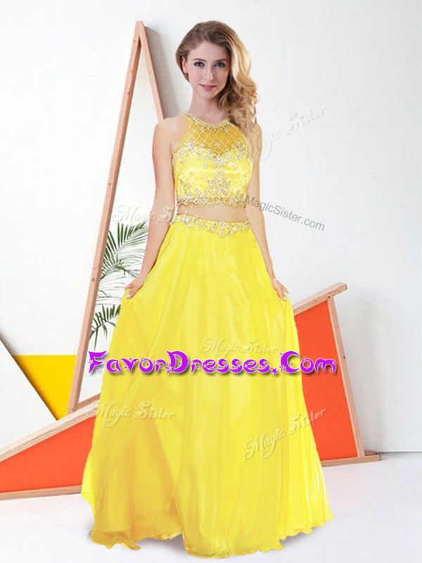 Amazing Yellow Two Pieces Scoop Sleeveless Chiffon Floor Length Zipper Beading Prom Party Dress
