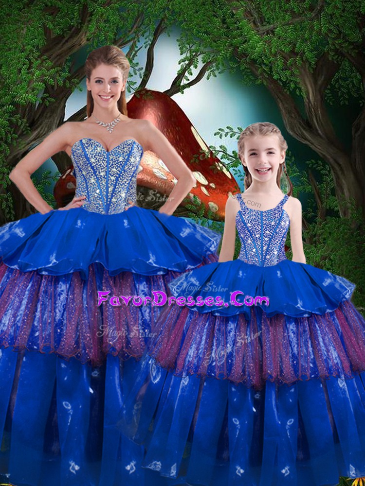 Shining Sleeveless Organza Floor Length Lace Up Quinceanera Dresses in Blue with Beading and Ruffled Layers