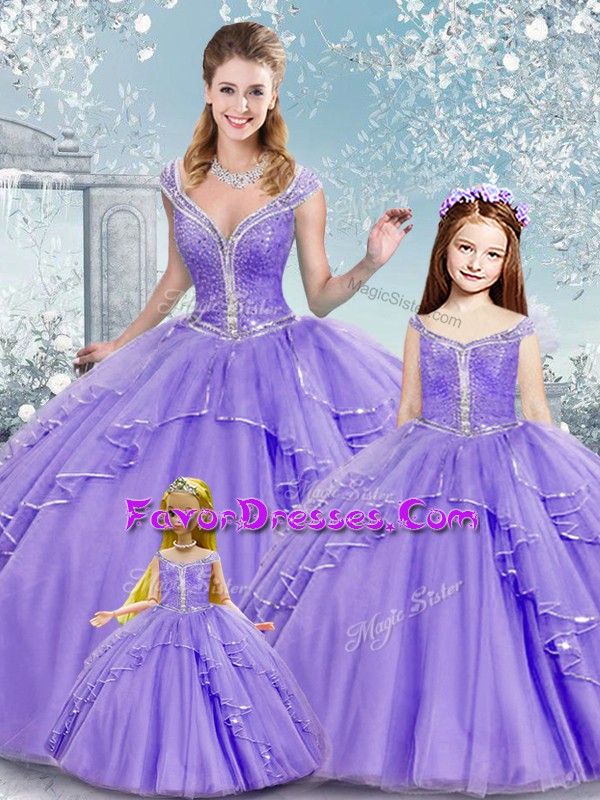 Eye-catching Floor Length Lilac Sweet 16 Quinceanera Dress V-neck Sleeveless Lace Up