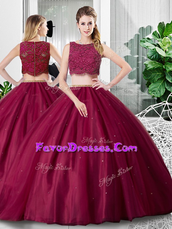  Sleeveless Tulle Floor Length Zipper Sweet 16 Dresses in Fuchsia with Lace and Ruching