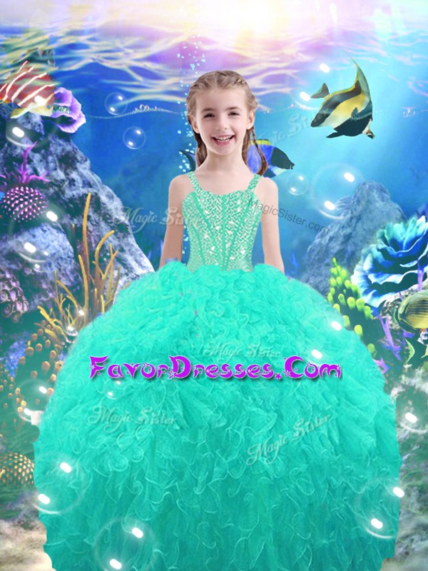 Charming Floor Length Ball Gowns Sleeveless Turquoise Girls Pageant Dresses Lace Up