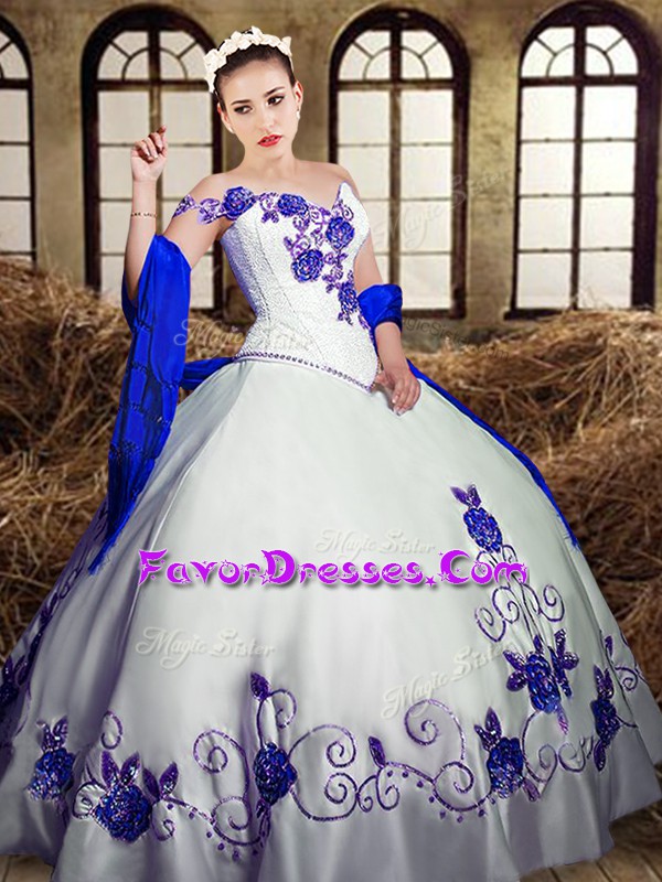 Hot Sale Floor Length Lace Up Sweet 16 Dress White for Military Ball and Sweet 16 and Quinceanera with Embroidery