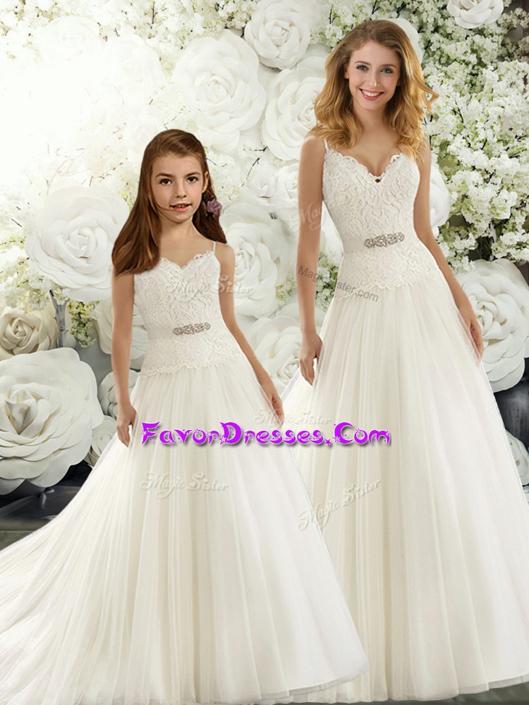  Sleeveless Chiffon Brush Train Zipper Wedding Gowns in White with Beading and Lace