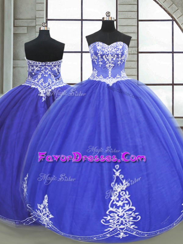  Floor Length Lace Up Sweet 16 Dresses Blue for Military Ball and Sweet 16 and Quinceanera with Appliques
