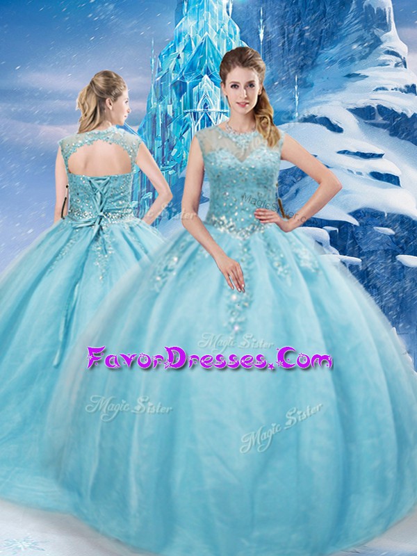  Aqua Blue Tulle Lace Up Scoop Sleeveless Quinceanera Gown Brush Train Beading