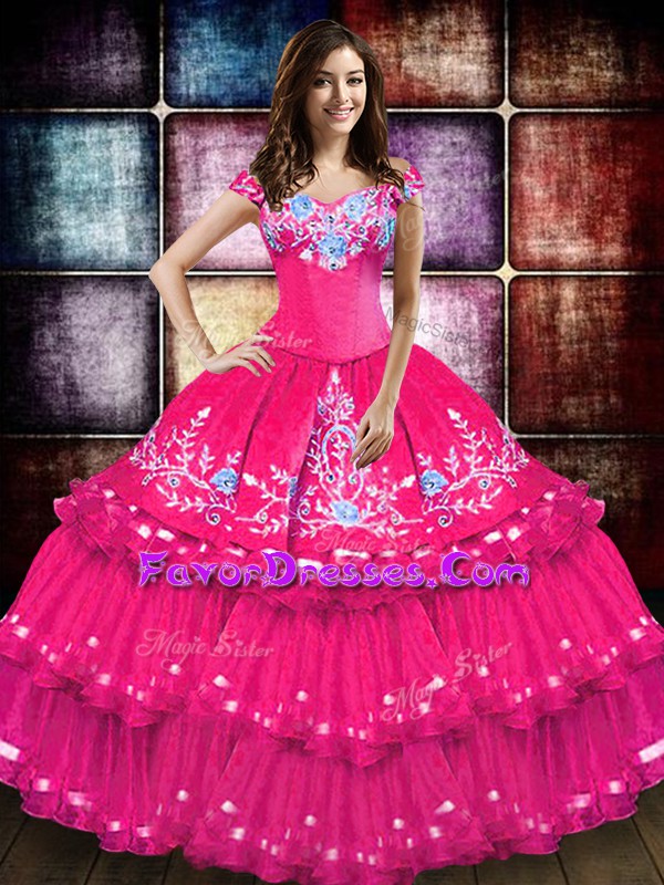 Fancy Off The Shoulder Sleeveless Lace Up Sweet 16 Quinceanera Dress Hot Pink Taffeta