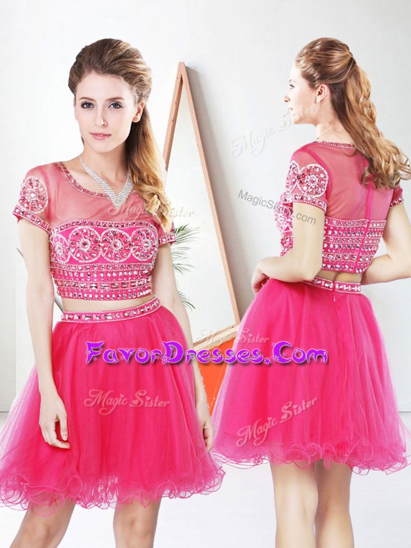 Great Knee Length Zipper Prom Dress Hot Pink for Prom and Party with Beading