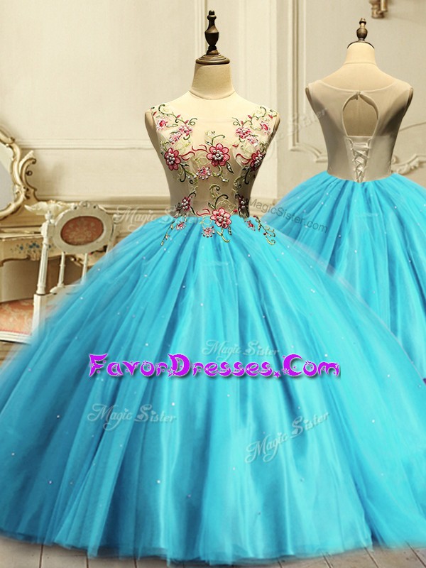 Charming Aqua Blue Scoop Lace Up Appliques and Sequins 15 Quinceanera Dress Sleeveless