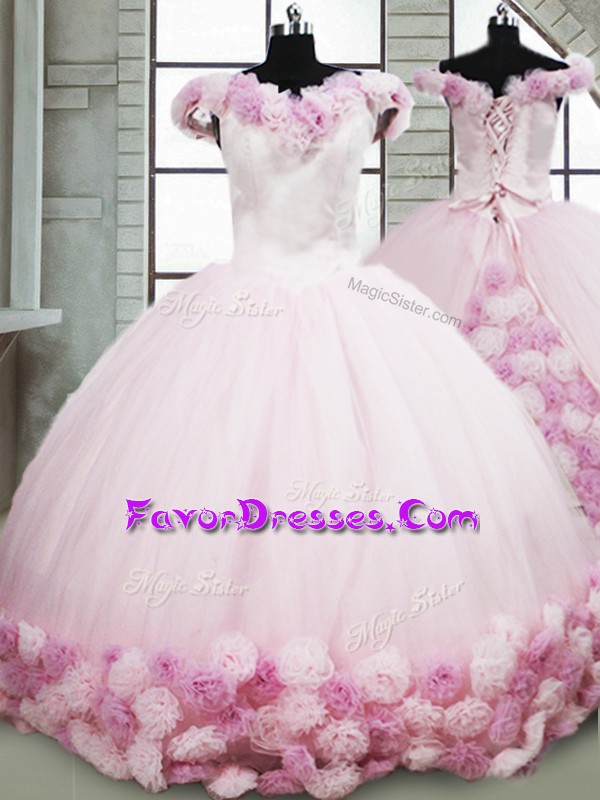  Sleeveless Brush Train Lace Up Hand Made Flower Quinceanera Gowns