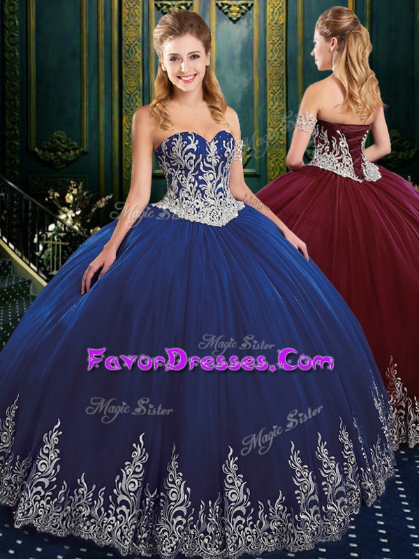  Navy Blue Lace Up Sweetheart Appliques 15th Birthday Dress Tulle Sleeveless