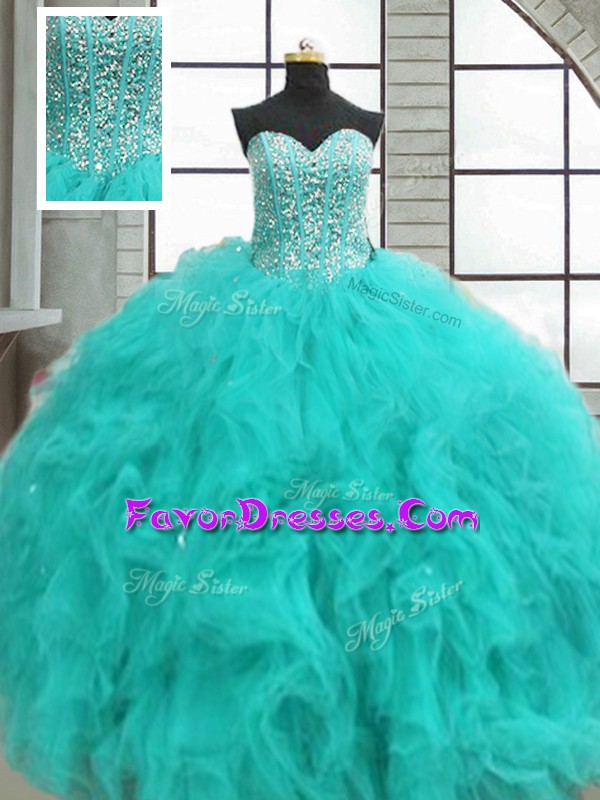 Great Turquoise Sweetheart Neckline Beading and Ruffles 15th Birthday Dress Sleeveless Lace Up