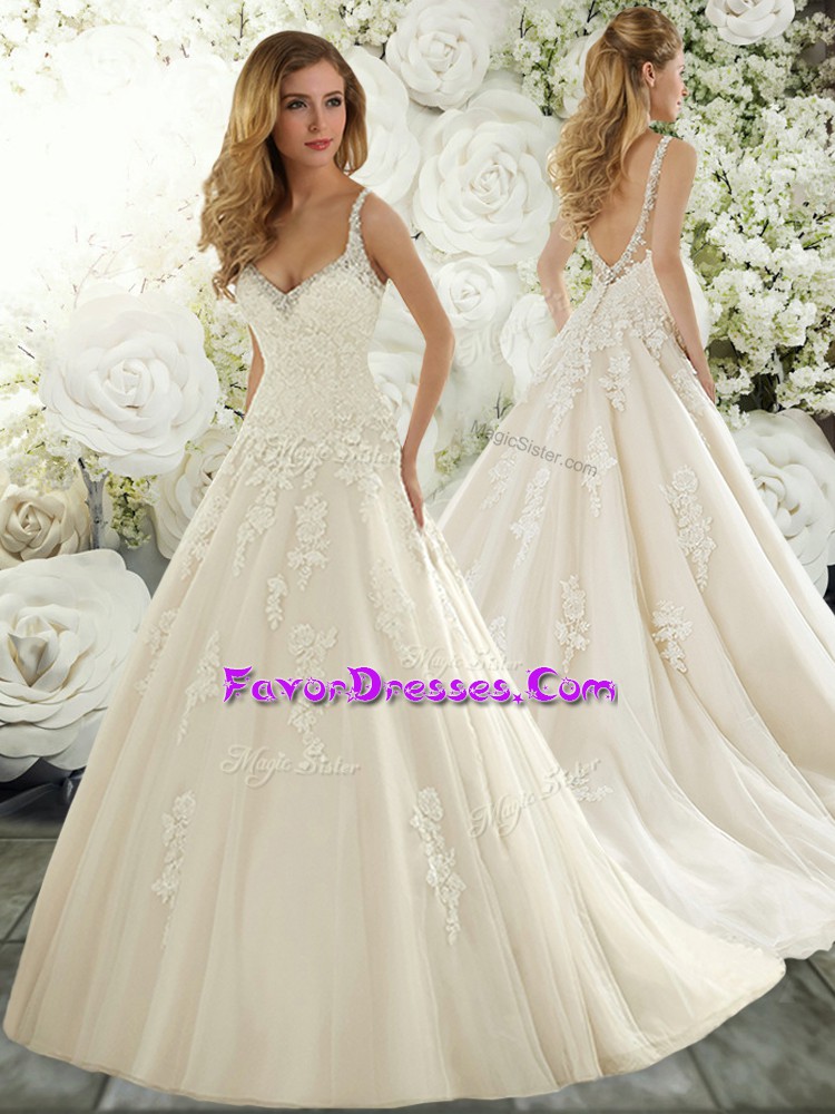 Pretty White Tulle Backless Spaghetti Straps Sleeveless Wedding Gown Brush Train Beading and Lace and Appliques