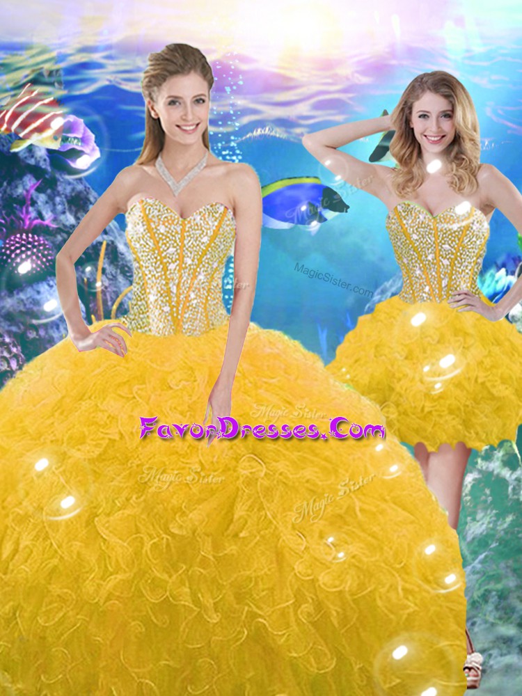  Gold Lace Up Vestidos de Quinceanera Beading and Ruffles Sleeveless Floor Length