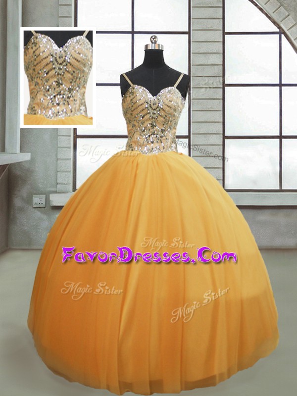 Cheap Floor Length Gold Sweet 16 Dress Spaghetti Straps Sleeveless Lace Up