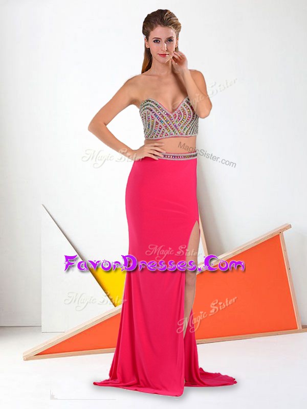 Modest Hot Pink Two Pieces Beading Dress for Prom Clasp Handle Chiffon Sleeveless Floor Length