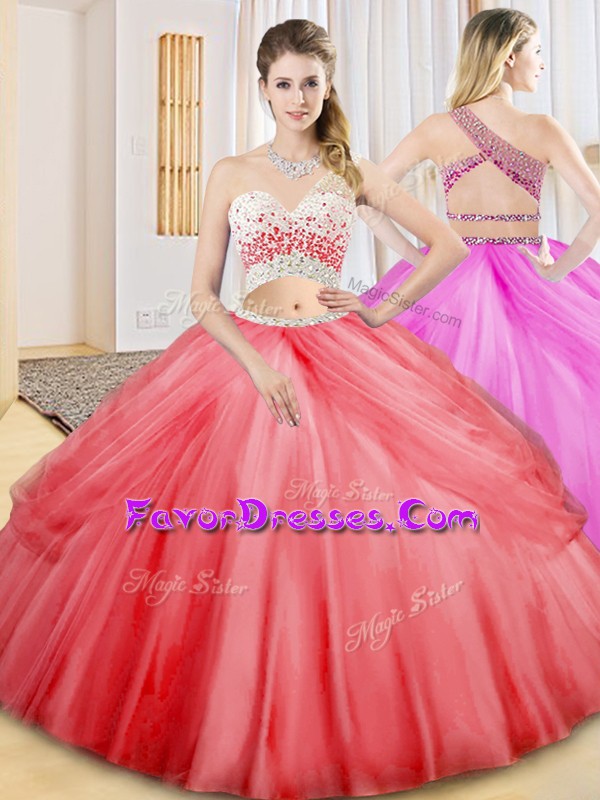  Coral Red Sleeveless Floor Length Beading and Ruching and Pick Ups Criss Cross Sweet 16 Dresses