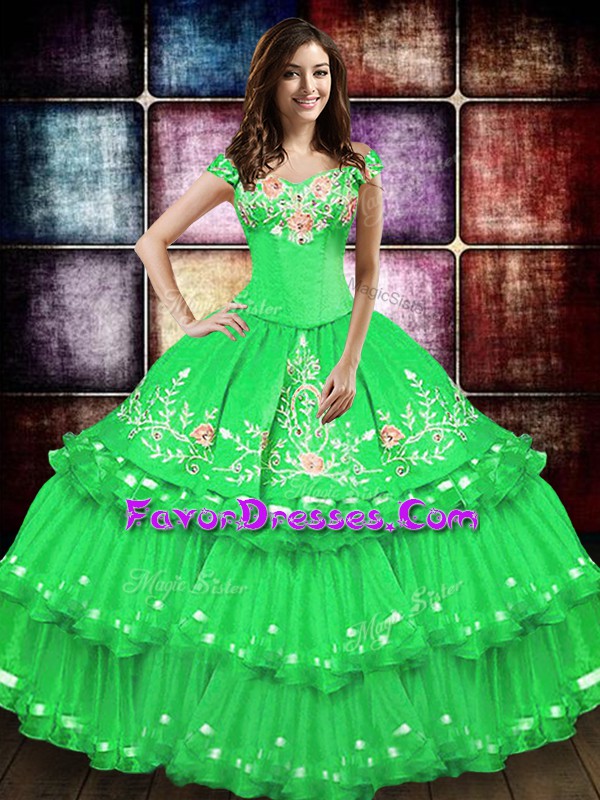 New Arrival Green Ball Gowns Taffeta Off The Shoulder Sleeveless Embroidery and Ruffled Layers Floor Length Lace Up Sweet 16 Dresses