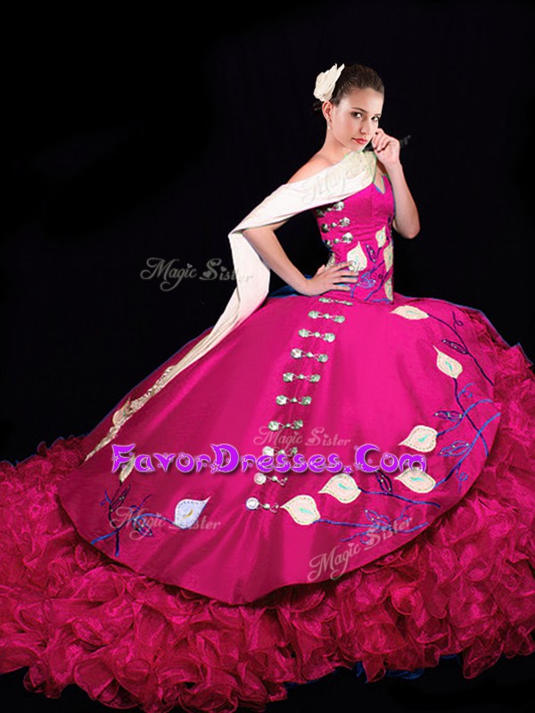 Admirable V-neck Sleeveless Brush Train Lace Up Sweet 16 Dresses Fuchsia Taffeta