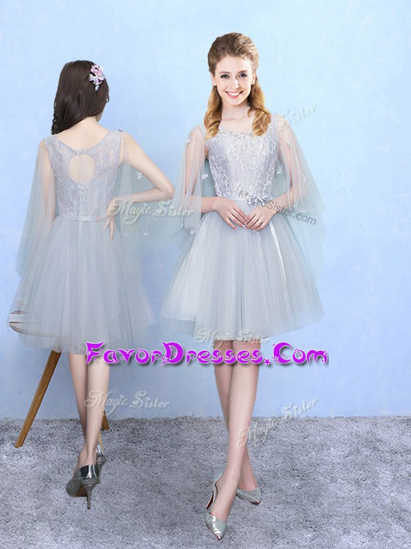  Silver Half Sleeves Tulle Lace Up Bridesmaid Dress for Wedding Party