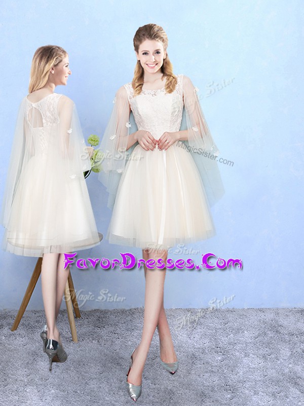  Champagne Lace Up Wedding Party Dress Lace Half Sleeves Knee Length