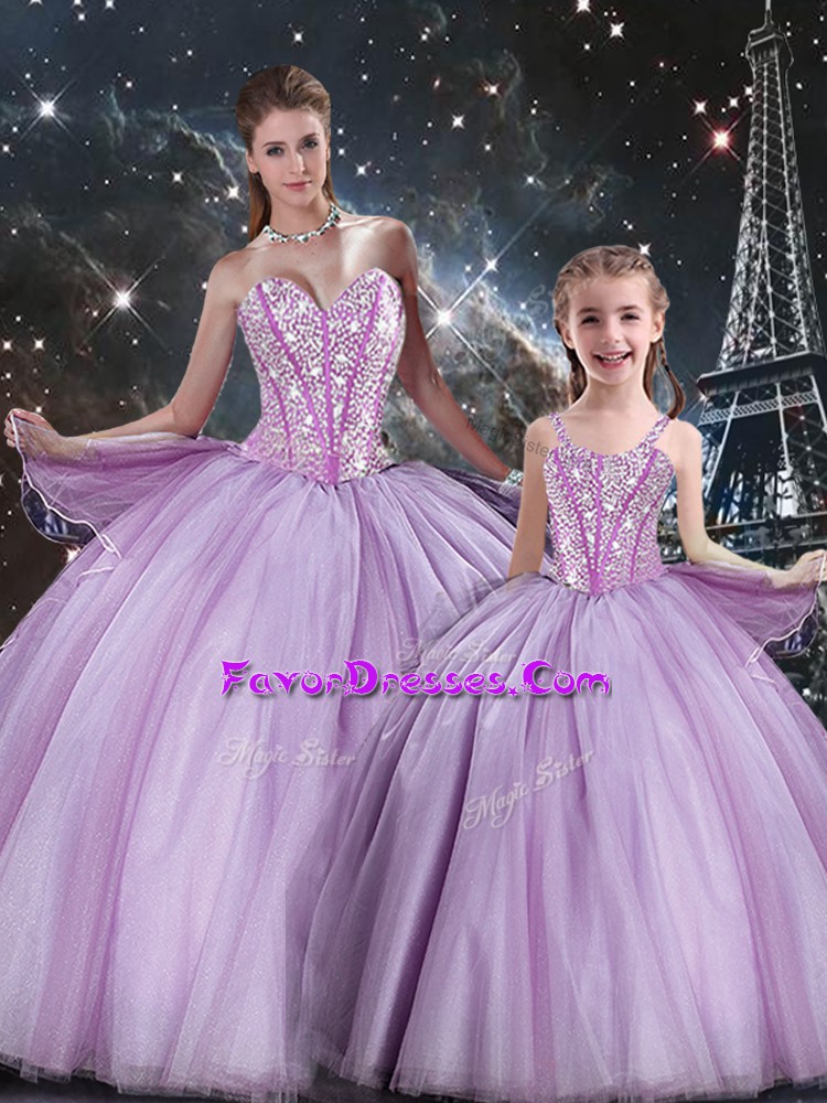  Lavender Tulle Lace Up Sweetheart Sleeveless Floor Length Quinceanera Gown Beading