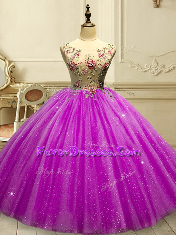 Simple Fuchsia Tulle Lace Up Quinceanera Gown Sleeveless Floor Length Appliques and Sequins