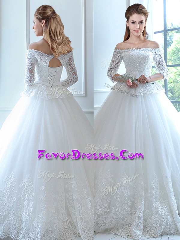  White Sleeveless Lace and Appliques Floor Length Bridal Gown