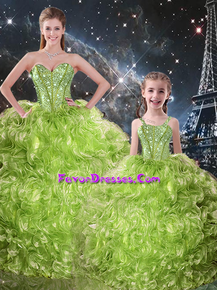 Hot Selling Olive Green Lace Up Sweetheart Beading and Ruffles Sweet 16 Dress Organza Sleeveless