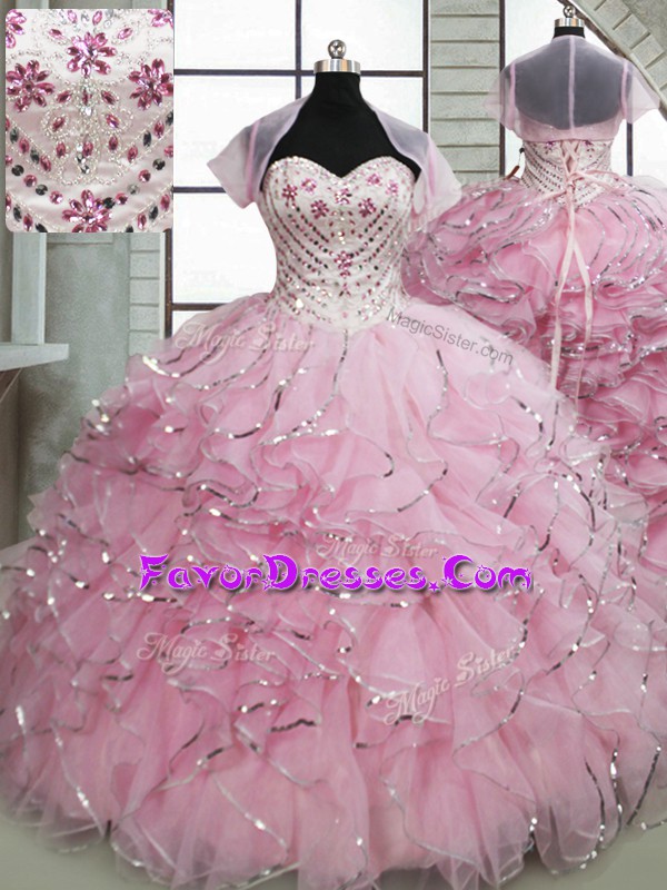  Beading and Ruffles Quinceanera Dresses Baby Pink Lace Up Sleeveless Brush Train