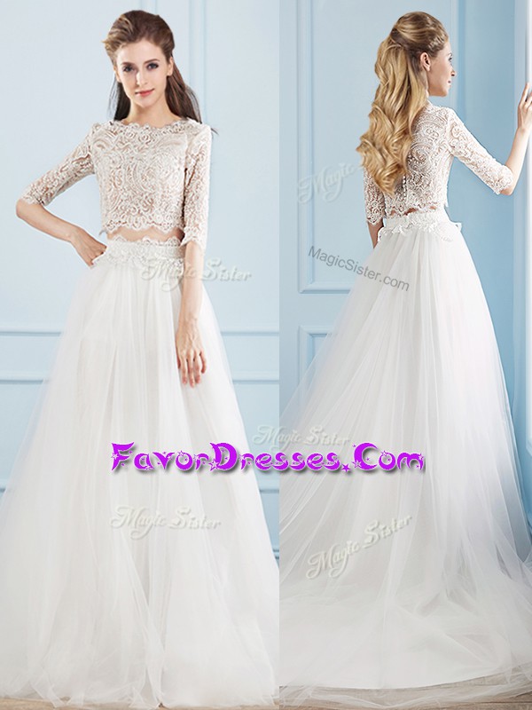 Inexpensive Half Sleeves Court Train Lace Zipper Bridal Gown