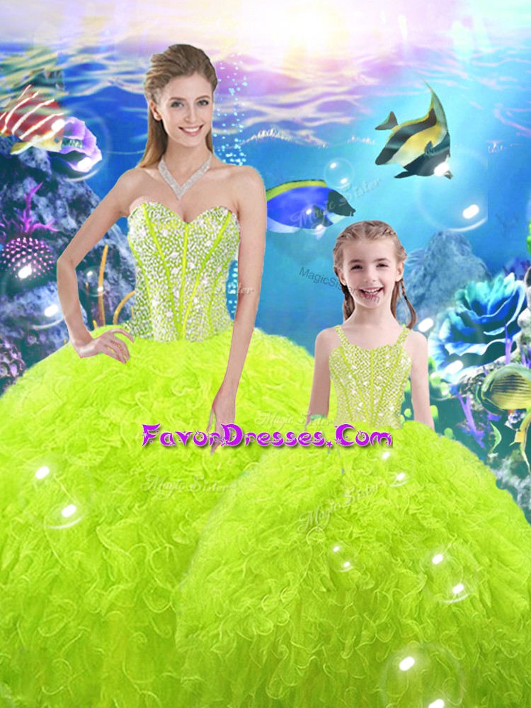  Sleeveless Organza Floor Length Lace Up Quinceanera Gown in Yellow Green with Beading and Ruffles