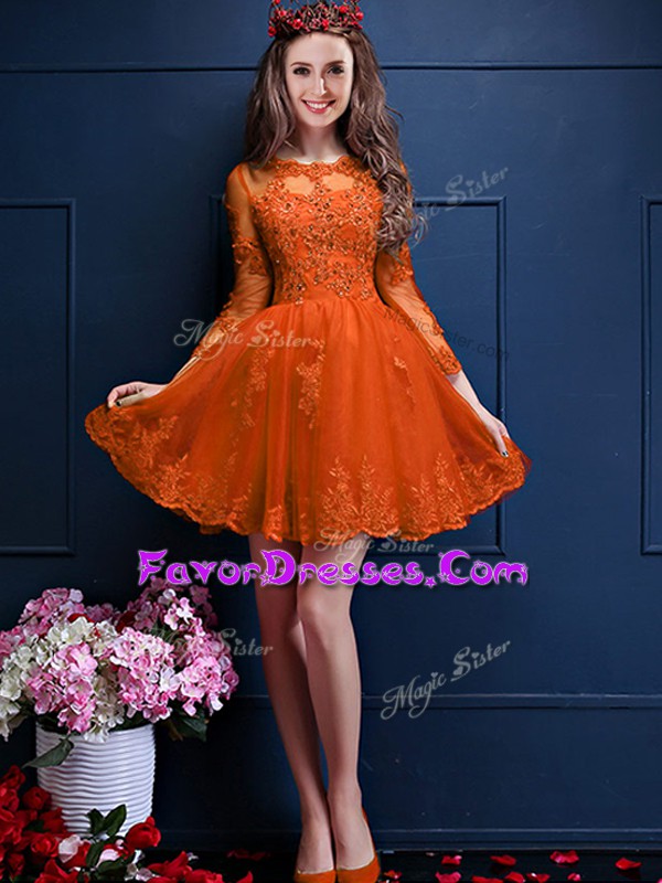 Pretty Orange Red 3 4 Length Sleeve Beading and Lace and Appliques Mini Length Damas Dress