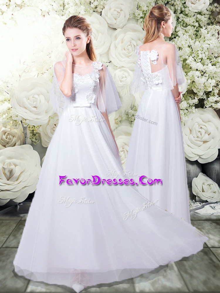 Low Price White Lace Up Wedding Gown Appliques Half Sleeves Floor Length