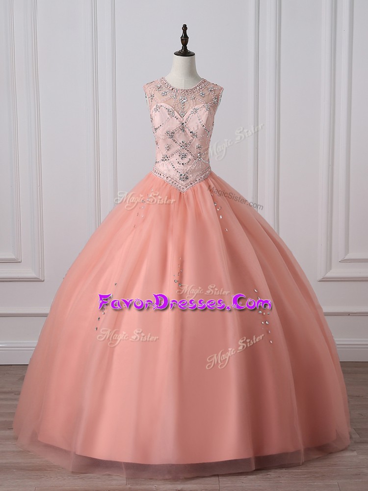  Peach Ball Gowns Scoop Sleeveless Tulle Floor Length Zipper Beading Quinceanera Dresses