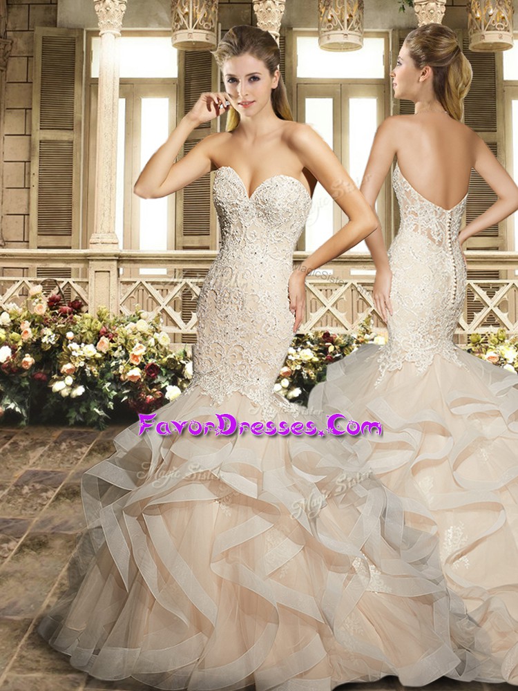 Comfortable White Sweetheart Clasp Handle Appliques and Embroidery Bridal Gown Court Train Sleeveless